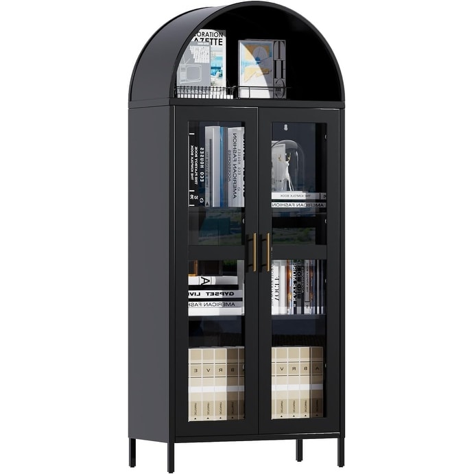 Tall Metal Arched Cabinet with Glass Door, Modern Farmhouse Bookcase with Adjustable Shelves for Living Room, Black