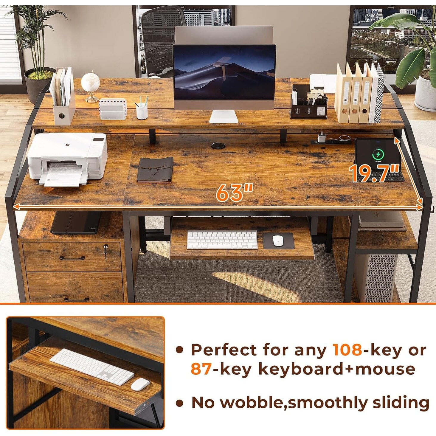 63" LED Computer Desk Office Desk with Lock Drawers