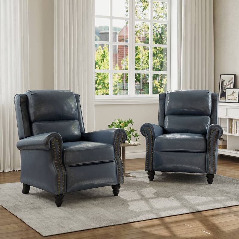 Mid-Century Nailhead PU Leather Linen Recliner - 2 SET/Navy Blue/Leather