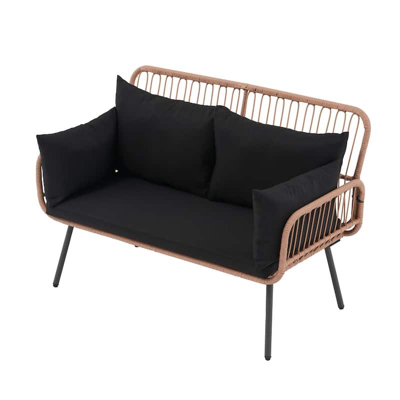 Outdoor Wicker Double Chair with Cushions Conversation Furniture Set