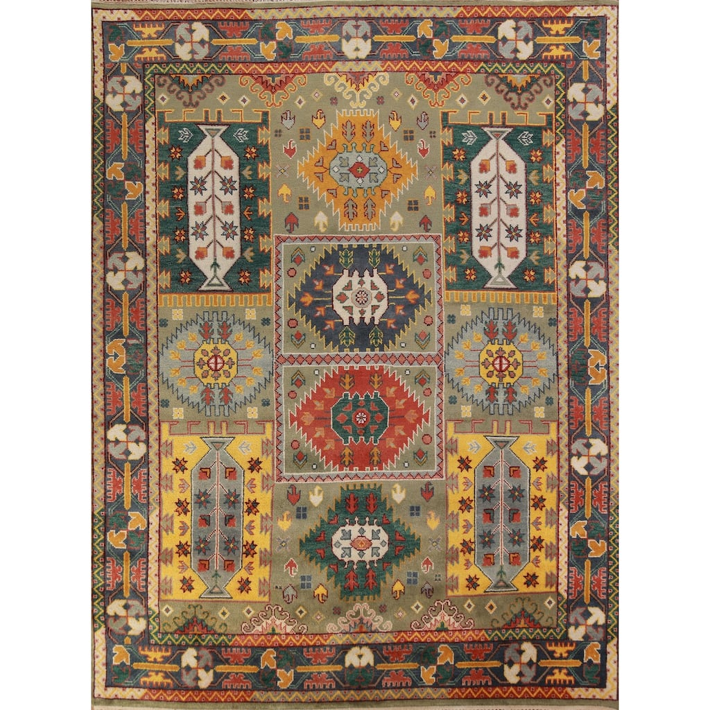 Green Geometric Kazak Oriental Area Rug Hand-Knotted Wool Carpet - 8'0" x 10'2"