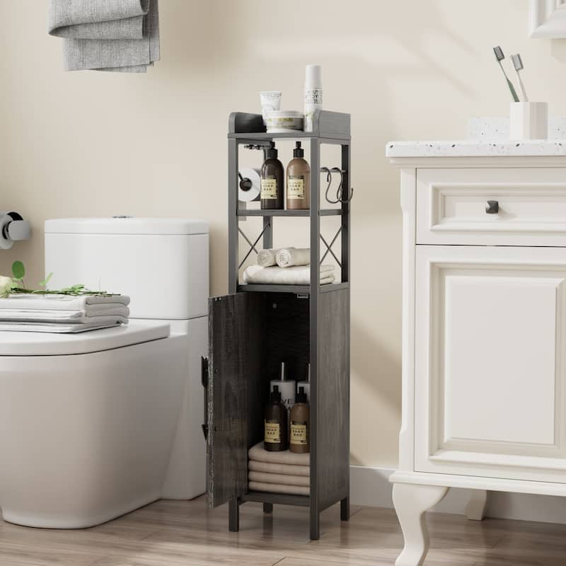 VECELO Slim Bathroom Floor Cabinet with Shutter Door 3-Tier Storage Shelf with Hooks Freestanding Cabinet for Bedroom, Entryway