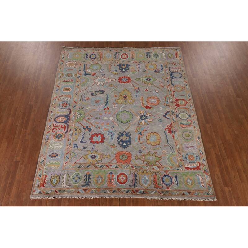 Grey Floral Oushak Oriental Area Rug Handmade Wool Carpet - 8'0"x 9'7"