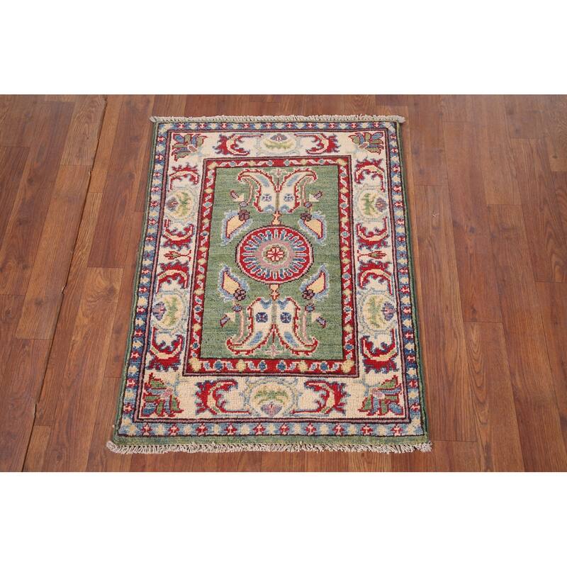 Green Geometric Kazak Foyer Rug Hand-Knotted Wool Carpet - 2'0" x 2'8"