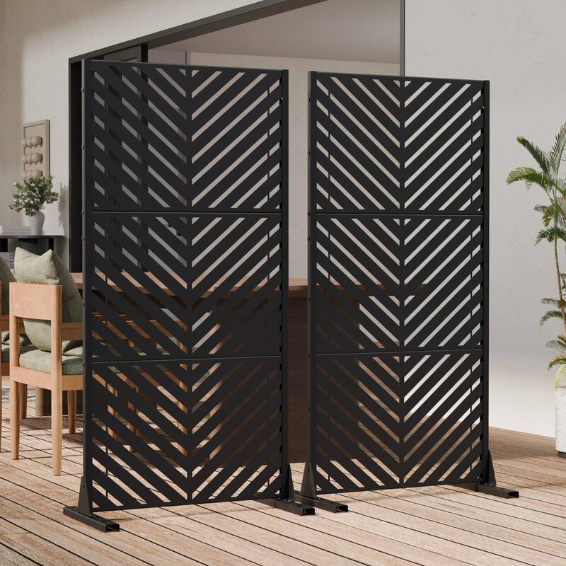 Outdoor Privacy Screen 2-Panel Chevron Metal Privacy Fence with Wind-Resistant Base Durable Decorative Divider - 60"H x 60"W - Black