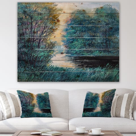 Designart 'Warm Sunshine Reflection Over Summer Forest River I' Farmhouse Print on Natural Pine Wood
