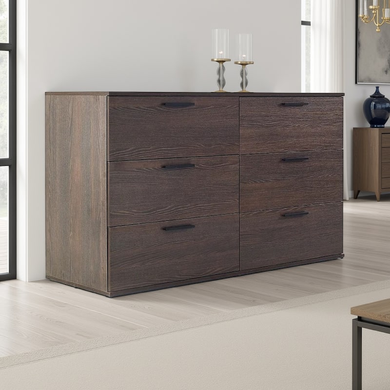 Moru Dresser, 63 Inch, 6 Drawers, Brown Wood Grain Finished Details