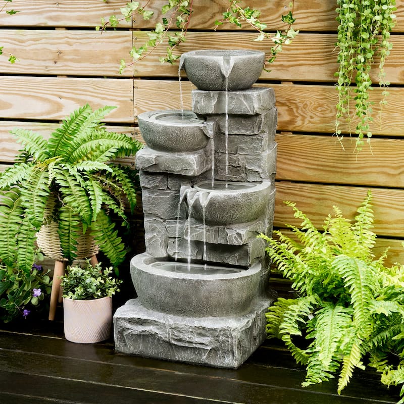 Teamson Home 3-Tier Stacked Stone Outdoor Water Fountain with LED Lights - Grey - Floor - Polyresin