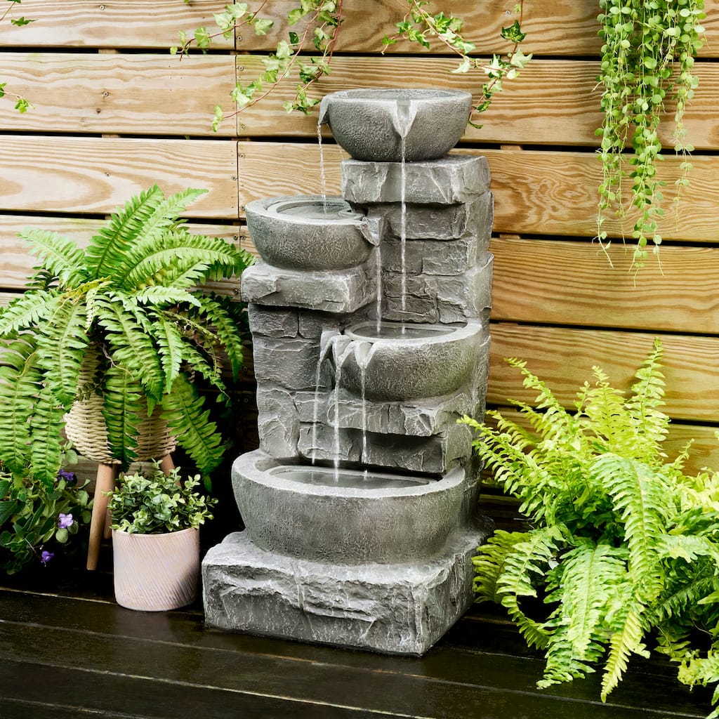 Teamson Home 3-Tier Stacked Stone Outdoor Water Fountain with LED Lights