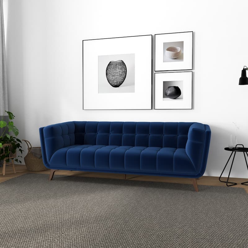 Kameron Mid Century Modern Style Channel Tufted Sofa Couch for Living Room - 86" - Blue