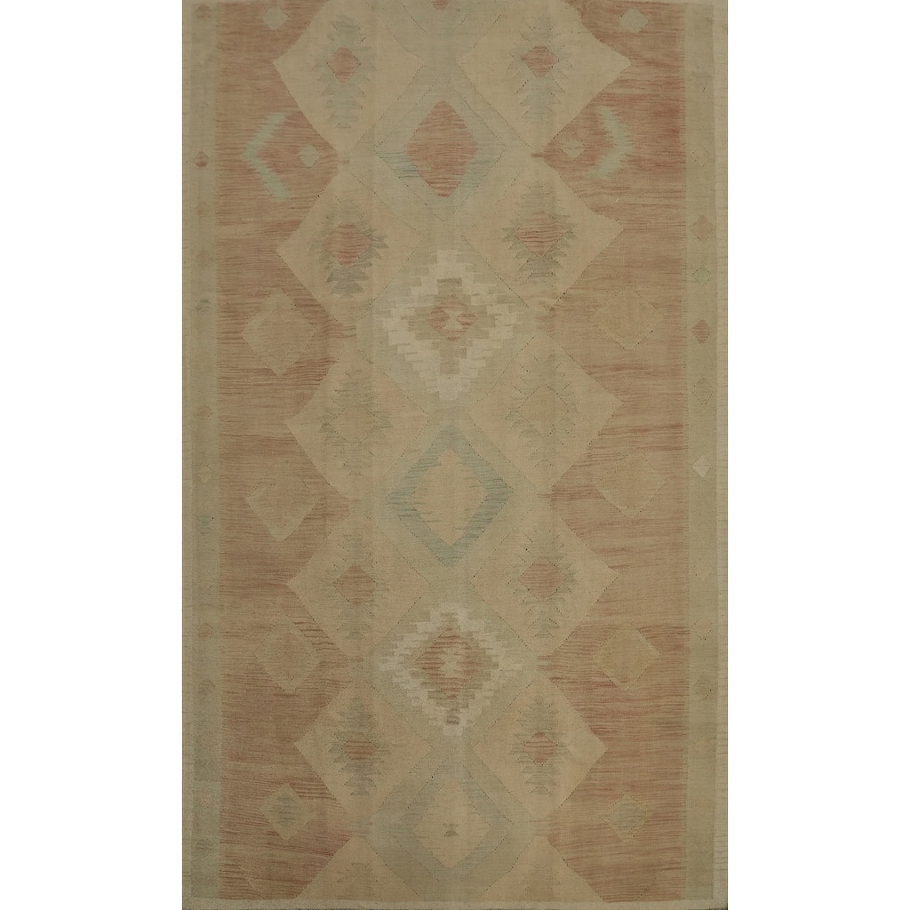 Hand Woven Oriental 100% Wool Carpet Southwestern Tribal Beige & Ivories Kilim Area Rug - 9' 7'' X 6' 5''