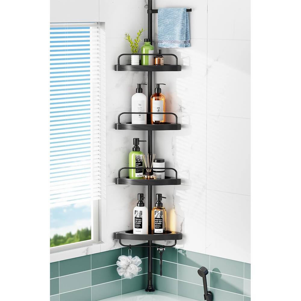 Corner Shower Caddy Tension Pole: Rust Proof 4Tier Shampoo Storage Organizer for Inside Shower - Black