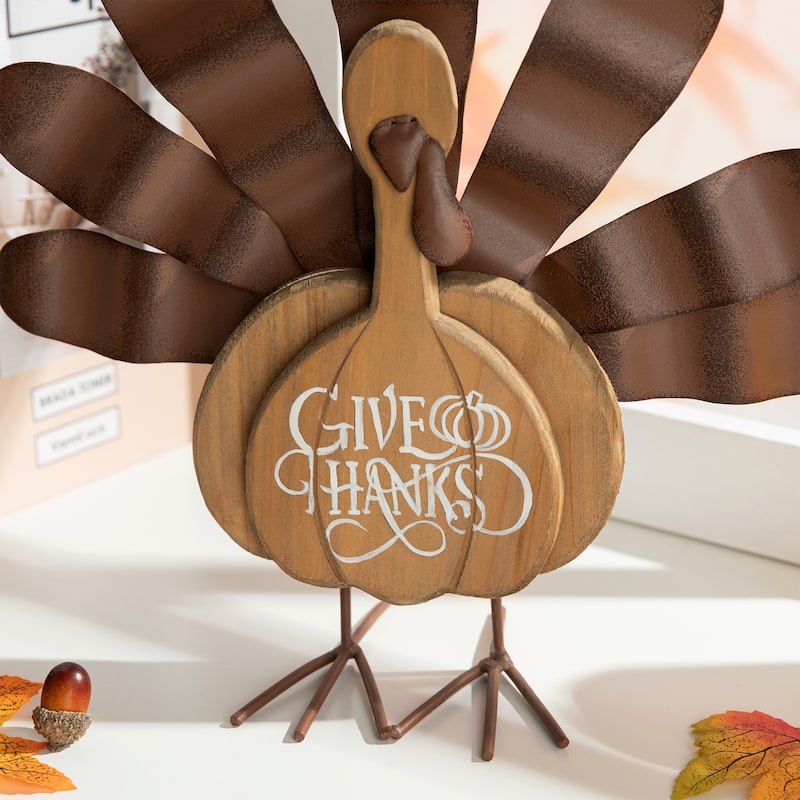 Glitzhome Thanksgiving Wooden Turkey Wall Hanging or Table Decor