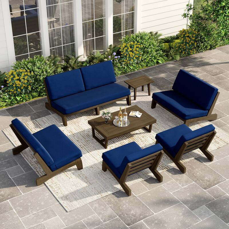Casual Large Teak Outdoor Patio Conversation Set - Natural Wood - Navy-7 Piece
