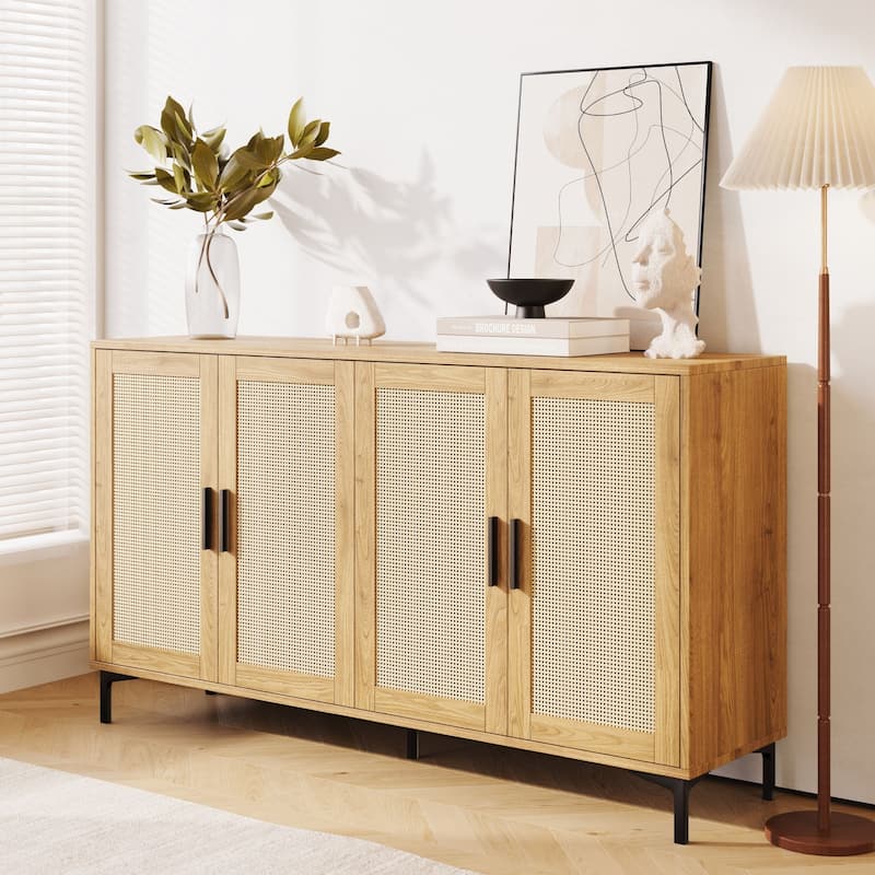 JASIWAY Buffet Table Kitchen Sideboard with Rattan Decorated Doors - Wood