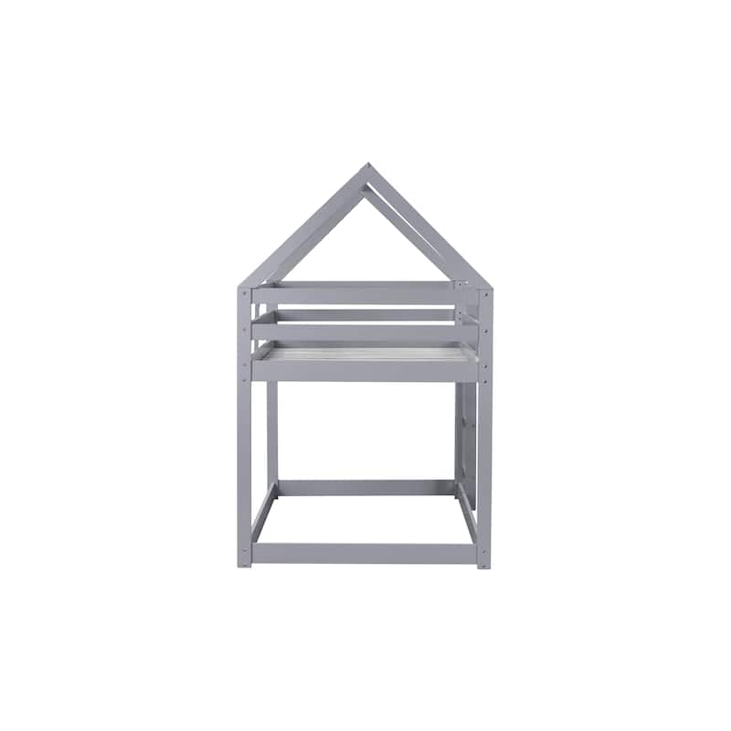 Twin over Twin Rubber Wood Floor Bunk Bed, with ladder,Guardrails,House-Shaped-Bunk Bed