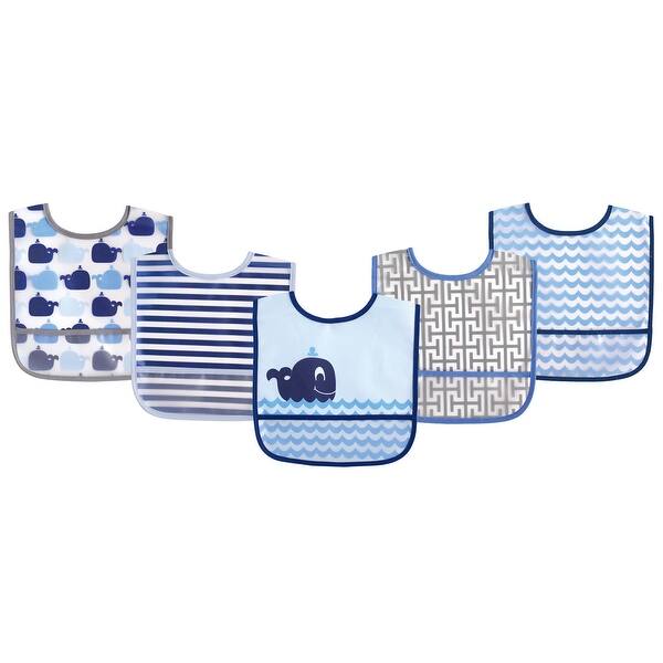 slide 1 of 1, Luvable Friends Baby Boy Waterproof PEVA Bibs 5pk, Blue Whale, One Size - Blue Whale - One Size One Size - Blue Whale