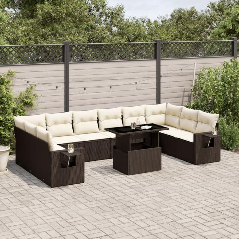 vidaXL Patio Sofa Set with Cushions Outdoor Furniture 11 Piece Poly Rattan - 24.4 x 24.4 x 27.2 - Brown and Cream