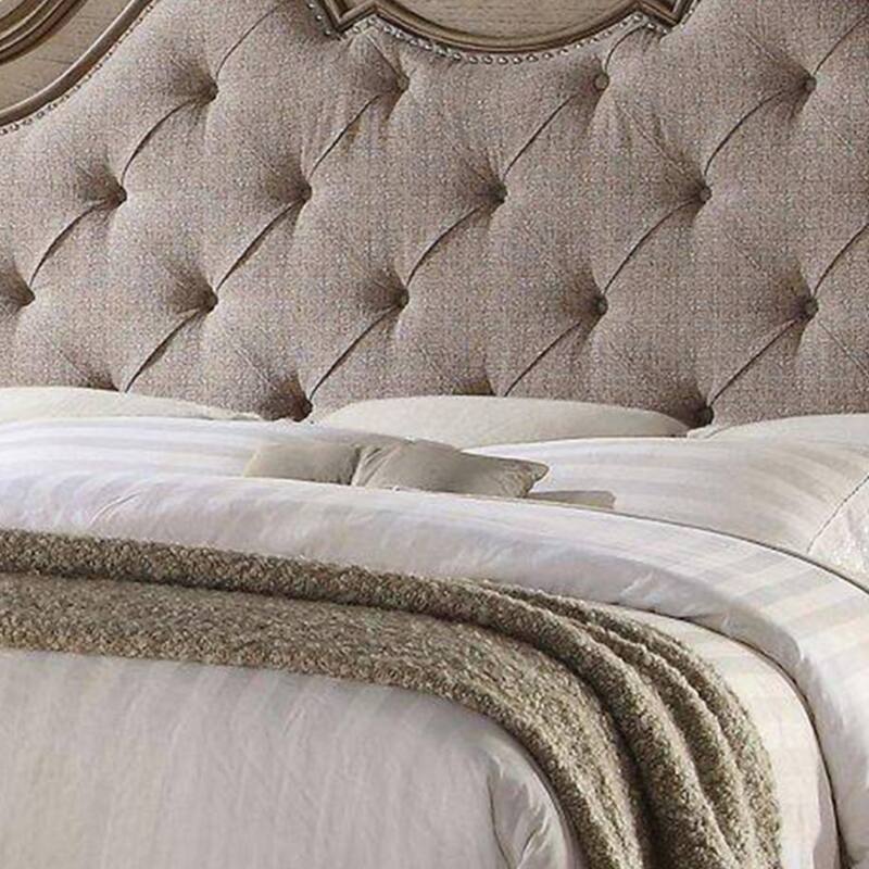Button Tufted Fabric Eastern King Size Bed with Molded Details, Beige