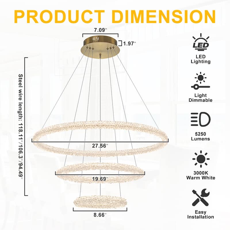 Modern Gold 3-Light Tiered Crystal LED Chandelier, Dimmable - Dia.27.56-in