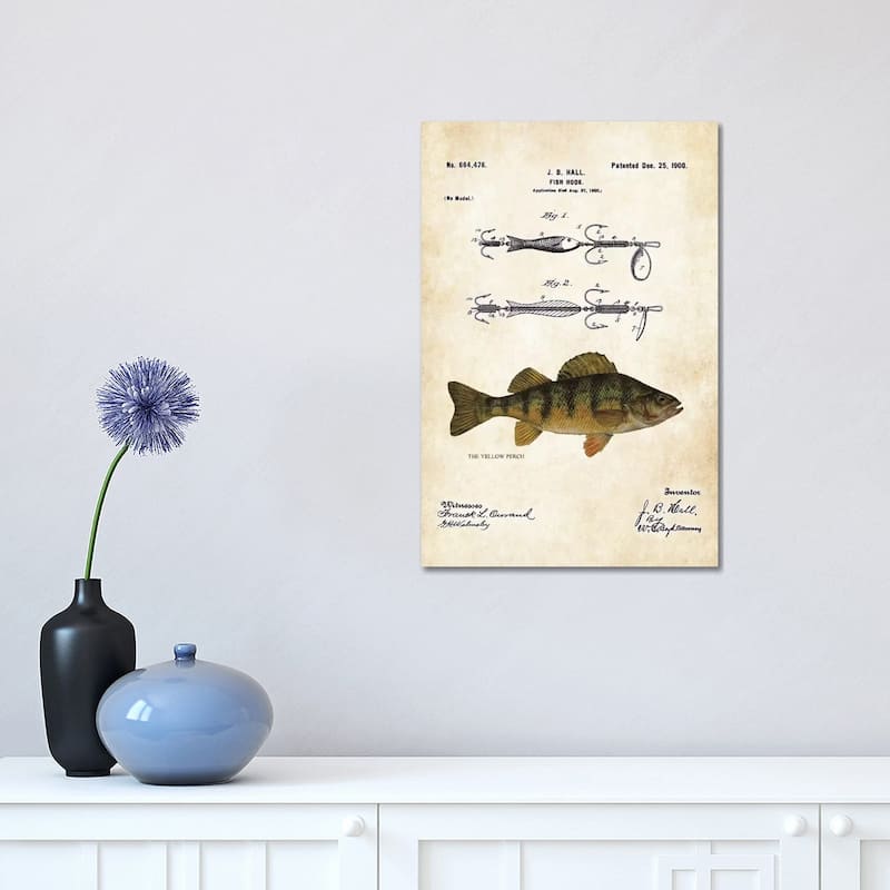 iCanvas "Yellow Perch Fishing Lure" by Patent77 Canvas Print - 18x12x1.5