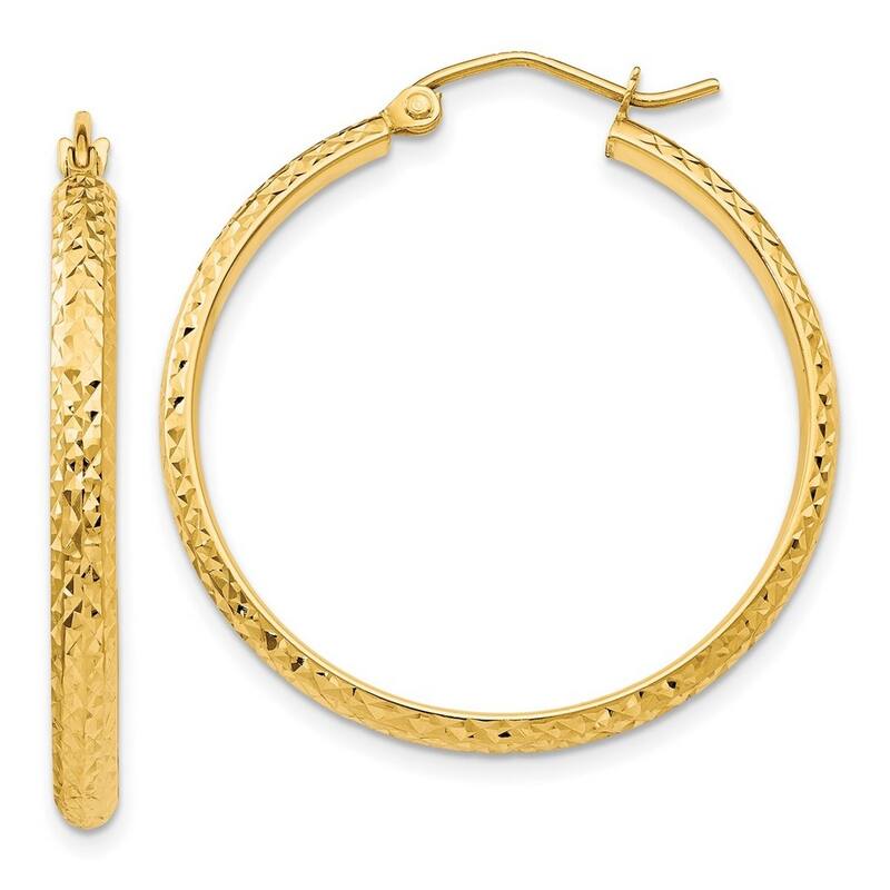 Curata 14k Yellow Gold Sparkle Cut 2.8x30mm Hoop Earrings