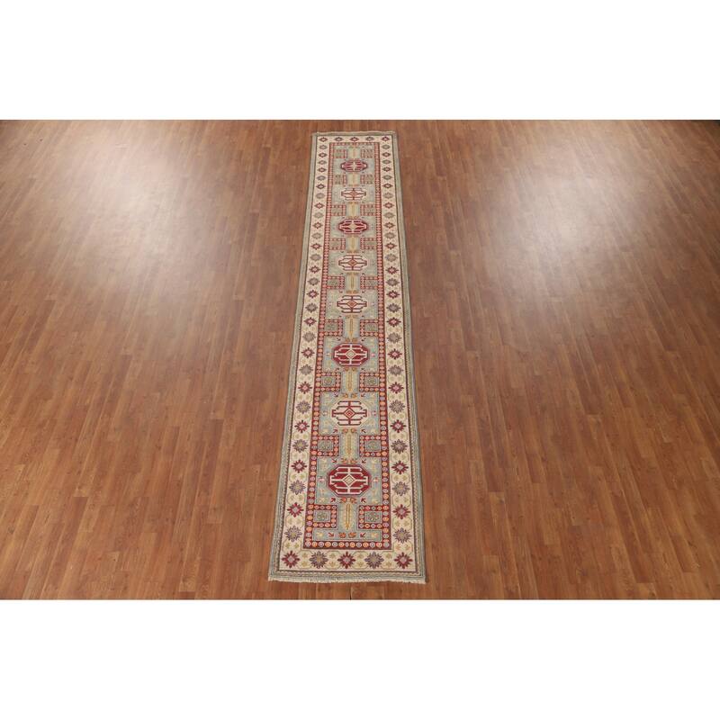 Geometric Kazak Runner Rug Handmade Traditional Blue Wool Carpet - 2'8" x 13'6"