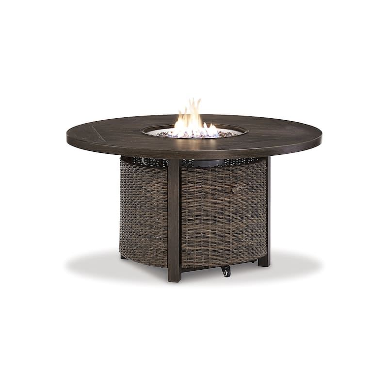 Signature Design by Ashley Paradise Trail Medium Brown/Beige Outdoor Fire Pit Table with 4 Nuvella Swivel Lounge Chairs