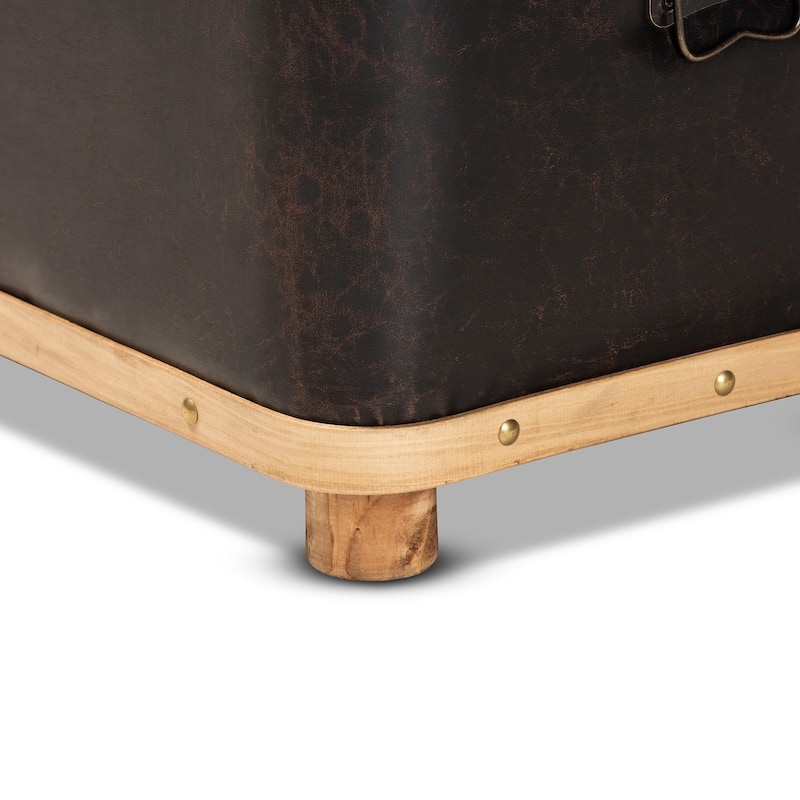 Gendry Modern Rustic Faux Leather and Wood Storage Ottoman Large