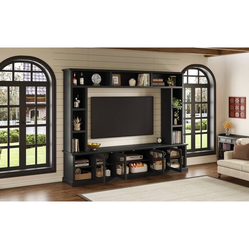 Wall Unit Entertainment Center for TVs up to 80", All-in-One TV Stand with Bookshelves, Glass Doors, Media Console with Shelving