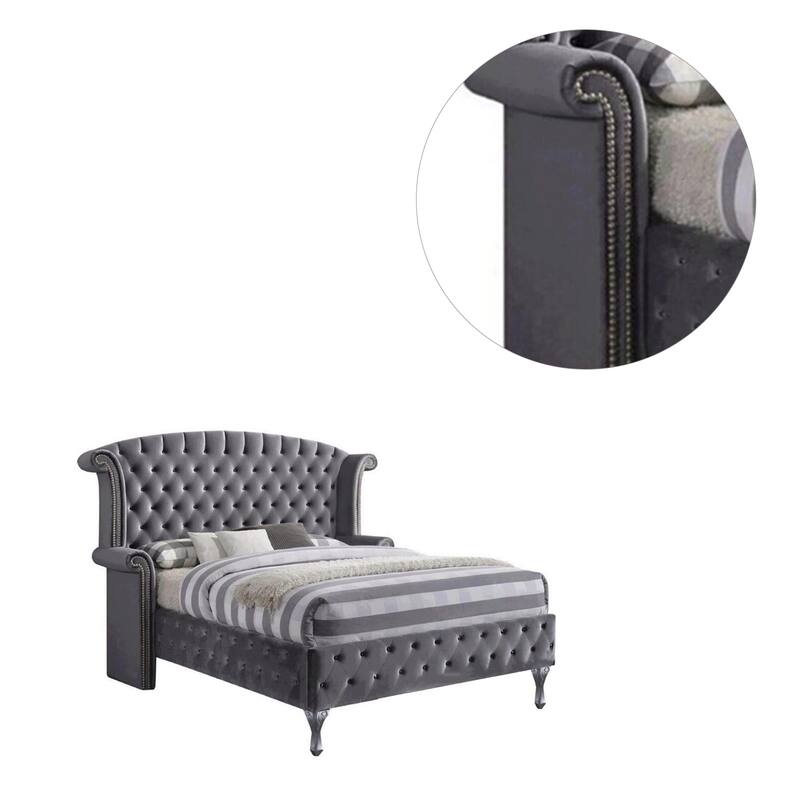 Velvet Upholstered Bed in Gray Finish