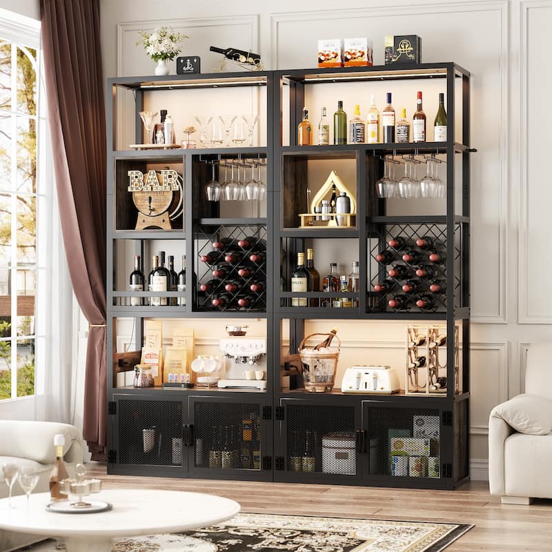 82.6" Tall Wine Cabinet with Glass Holder & Wine Rack，6-Tiers Liquor Storage Cabinet with LED Lights ＆ Charging Station
