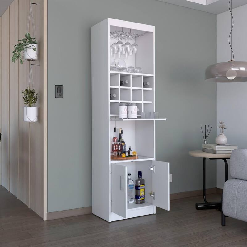 Kevil Tall Bar Cabinet, 5 Shelves, and Pull Out Tray