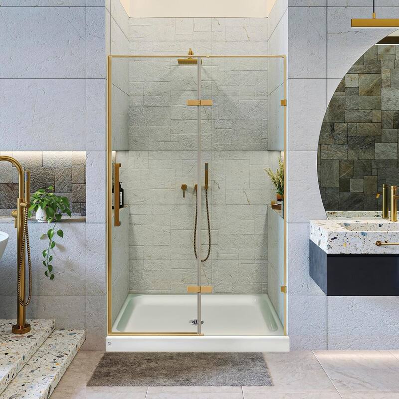 Frameless Clear Tempered Shower Glass Door with Shower Base Kit - 48 Inch - Satin Brass