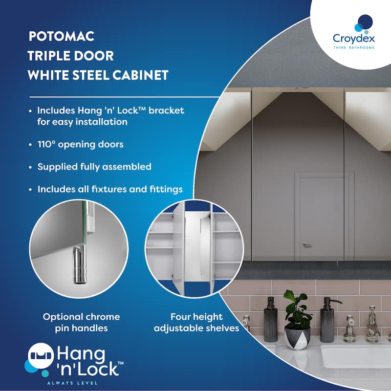 Croydex Potomac Large Modern, Triple Door White Steel, Surface Mount Medicine Cabinet with Mirrors - 30 x48