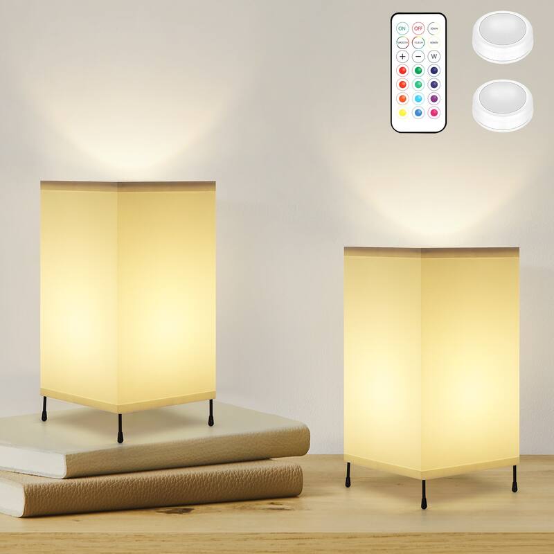 Set of 2 Night Light Small Table Lamp with Remote - 10.6in-Rectangle - White