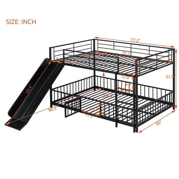 Black Full over Full Size Metal Bunk Bed with Slide & Guardrails