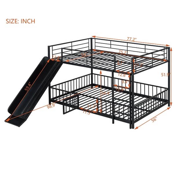 Black Full over Full Size Metal Bunk Bed with Slide and Guardrails for Kids