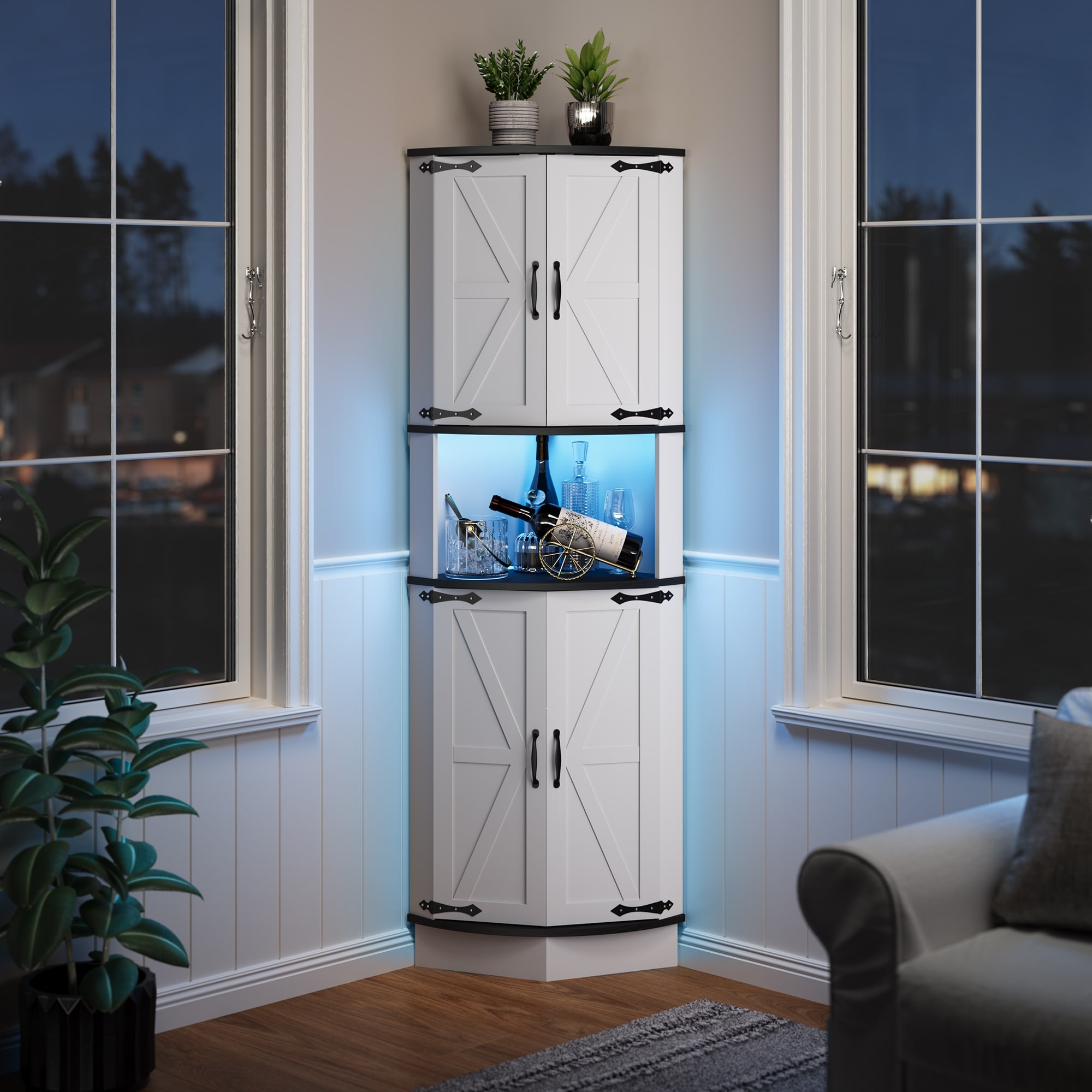 65" Tall Farmhouse Corner Cabinet with Barn Doors, 5-Tier Display & Storage Hutch