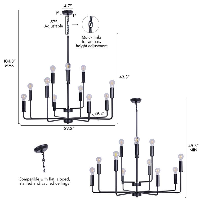 Modern 12-Light Black Chandelier Candle Large Light Fixture for Dining Room - 39.3 " L × 43.3 " H