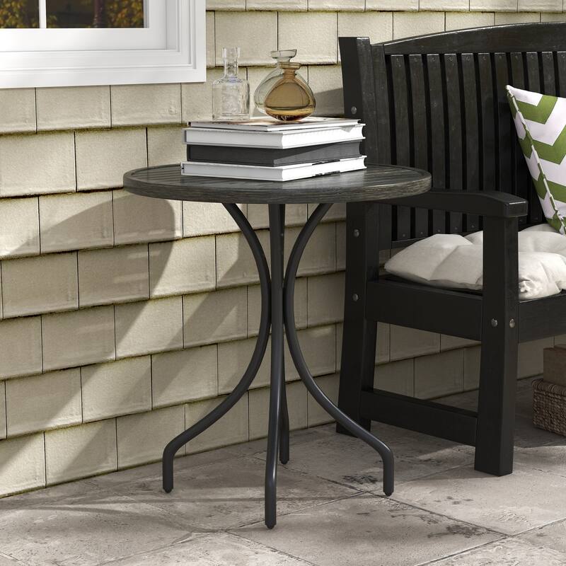 Outsunny Outdoor Side Table, 26" Round Patio Table with Steel Frame and Slat Tabletop for Garden - Grey