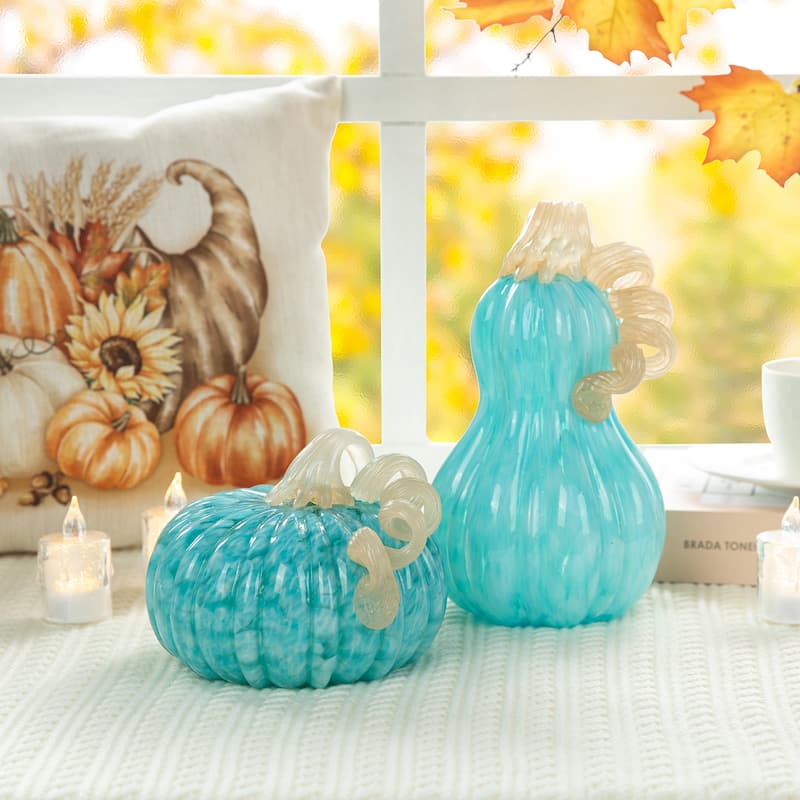 Glitzhome Fall Harvest Amber Dots Blue Round Glass Pumpkin Table Decor for Thanksgiving Christmas