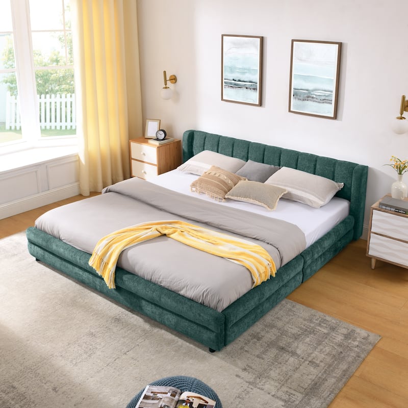 King Upholstered Bed Frame with Storage Drawer, Thick Padded Headboard & Solid Frame in Chenille Fabric