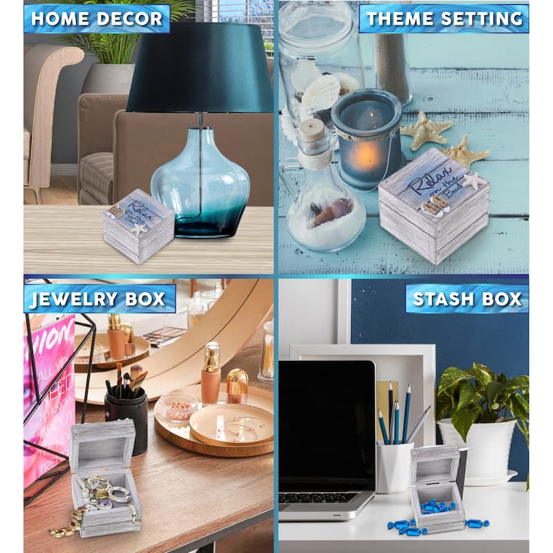 CoTa Global Aqua Sky Relax Wooden Box with Sandals & Starfish Decor - 3.2″Lx3.2″Wx2.5″H