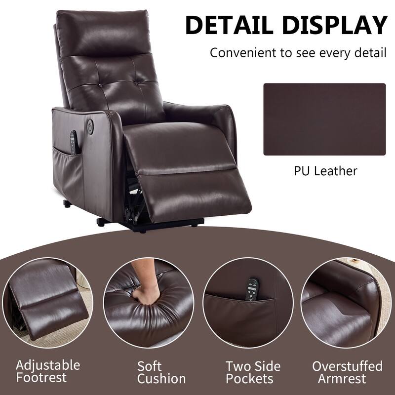 PU Leather Recliner with Single Motor Lift Massage Heat and 155 Degree Recline