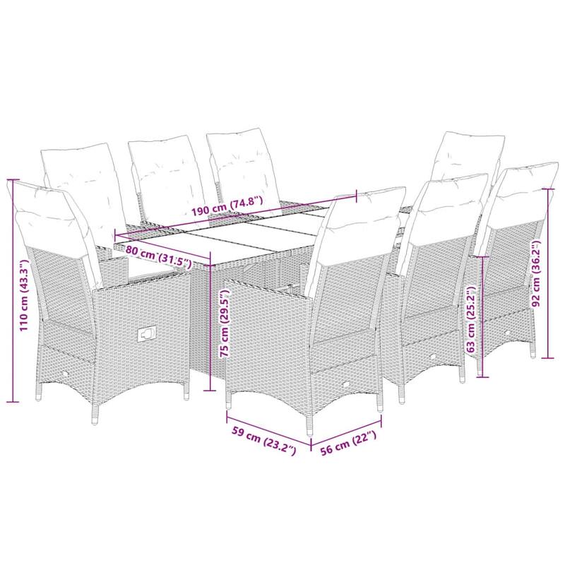 vidaXL Patio Dining Set with Cushions Outdoor Furniture Beige Poly Rattan - 74.8" x 31.5" x 29.5"