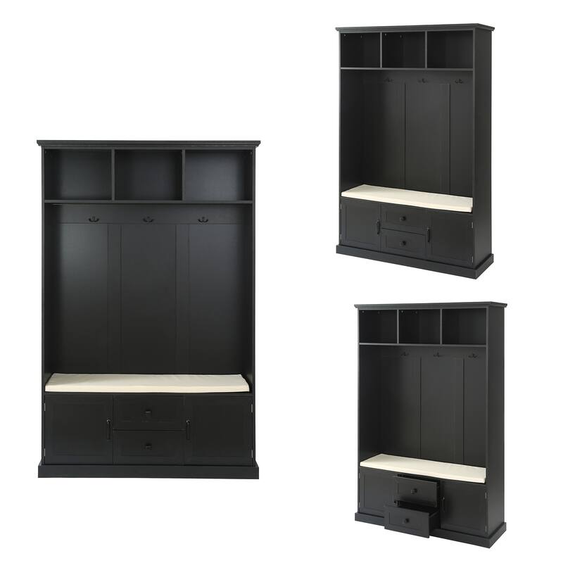 47"W Hall Tree with 3 Metal Double Hooks,3 Open Shelves,Shoe Storage - 3-in-1
