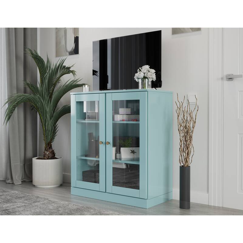 Palace Imports 100% Solid Wood TV Stand with Clear Glass Doors for TVs up to 32" - Aqua Blue