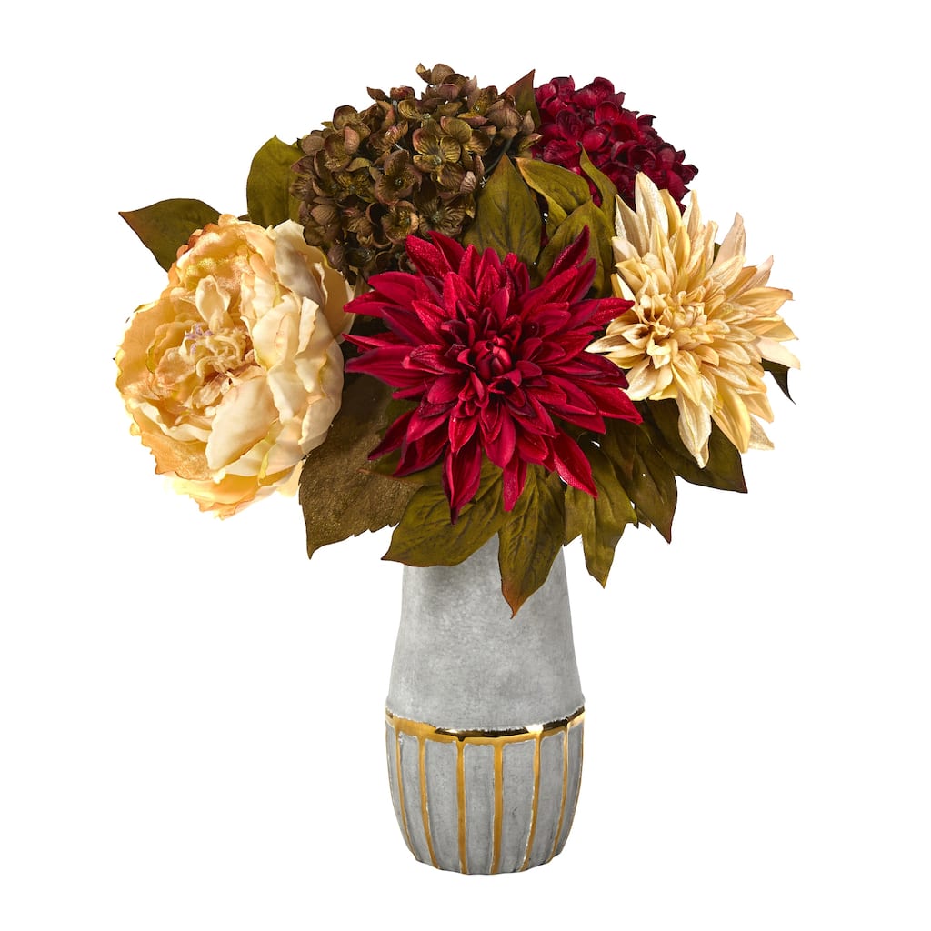 17" Peony, Hydrangea and Dahlia Arrangement in Stoneware Vase