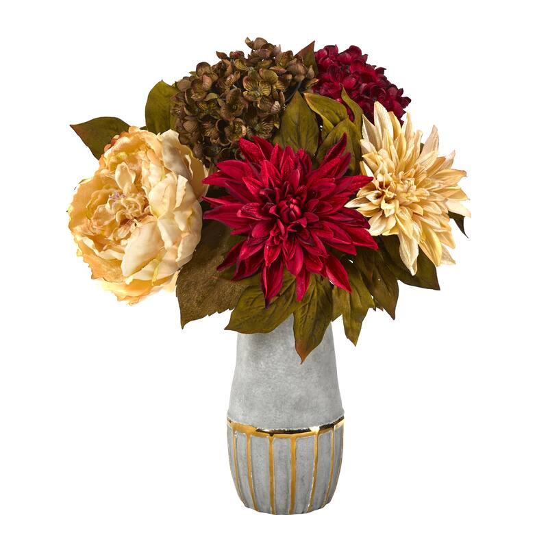 17" Peony, Hydrangea and Dahlia Arrangement in Stoneware Vase